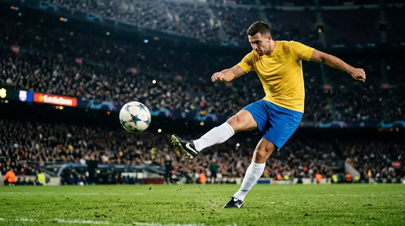 Brasilianischer Stürmer im gelben Trikot beim Torschuss in einem ausverkauften Fussballstadion