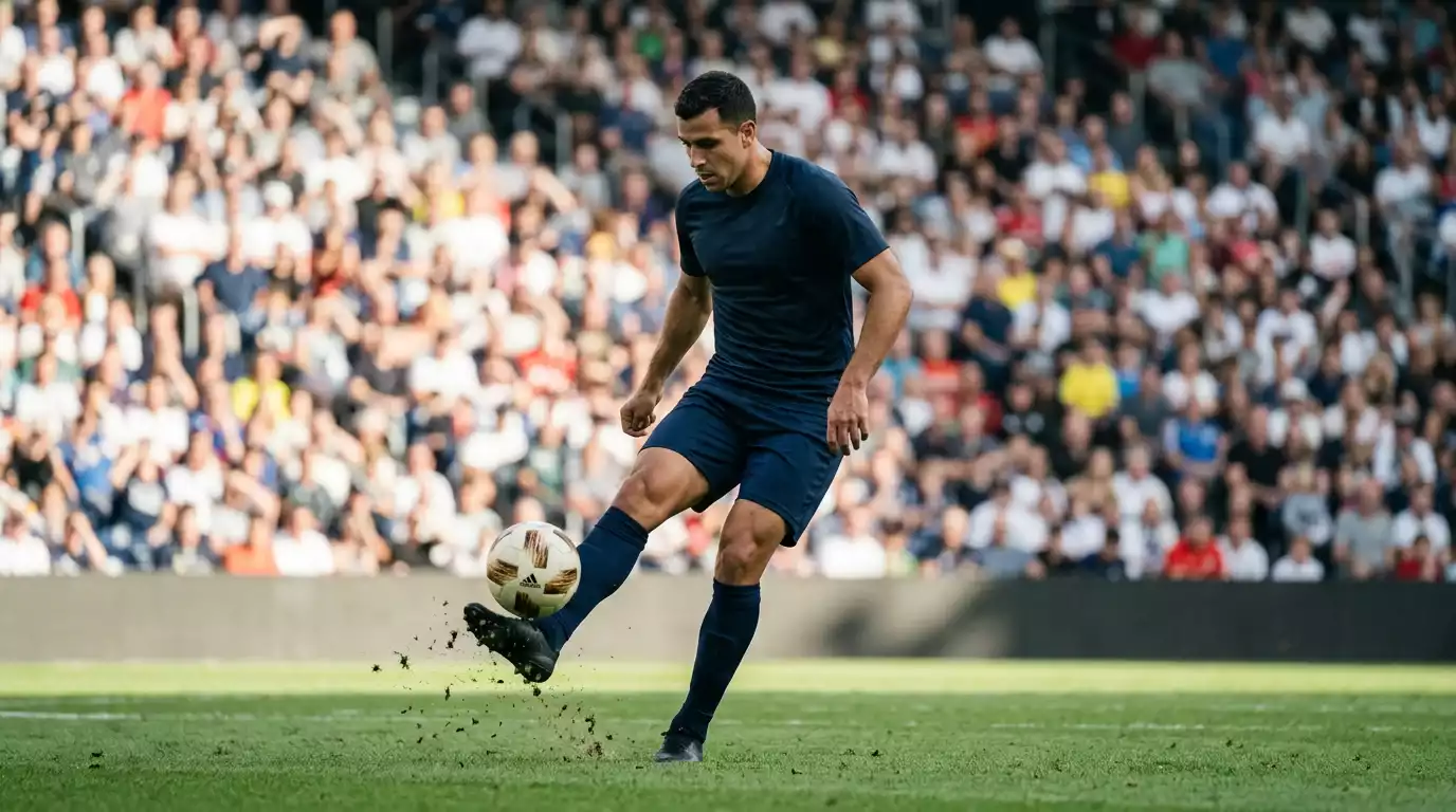 Fussballer kontrolliert den Ball auf dem Rasen eines nordamerikanischen WM-Stadions bei Tageslicht