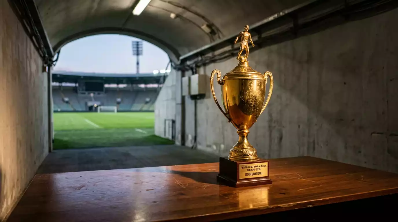 Historische WM-Pokale und ein moderner Stadionhintergrund symbolisieren die Geschichte der Weltmeisterschaft