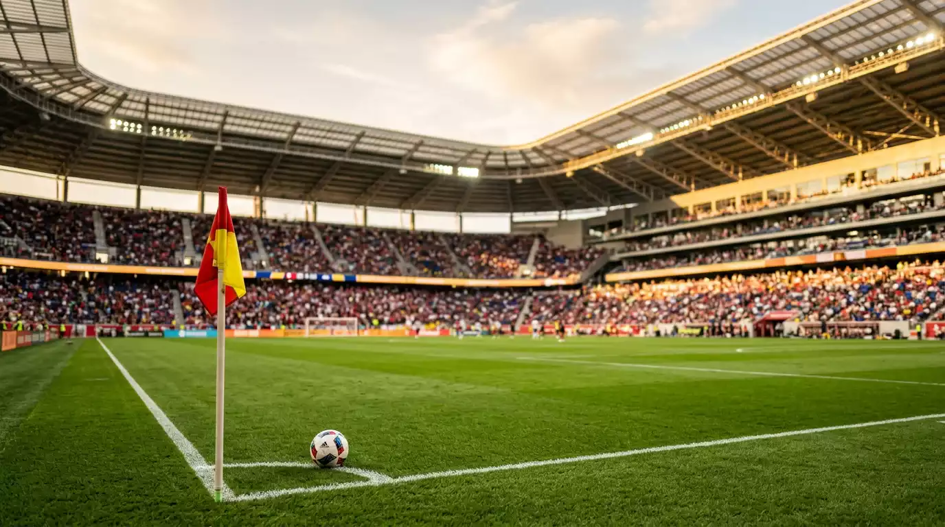 Spielfeld mit Eckfahne und WM-2026-Stimmung in einem nordamerikanischen Stadion