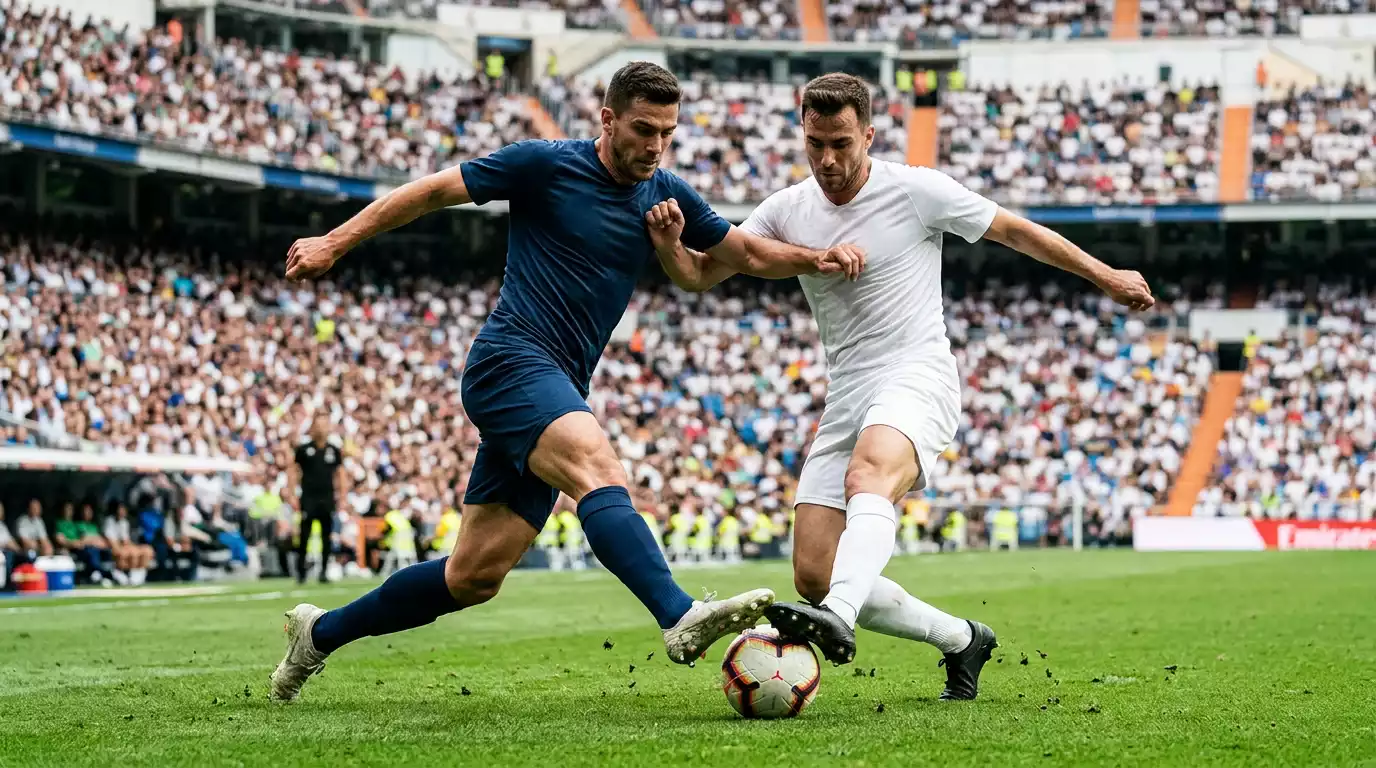 Fussballspieler im Zweikampf um den Ball auf dem Rasen eines grossen Stadions bei einem WM-Gruppenspiel