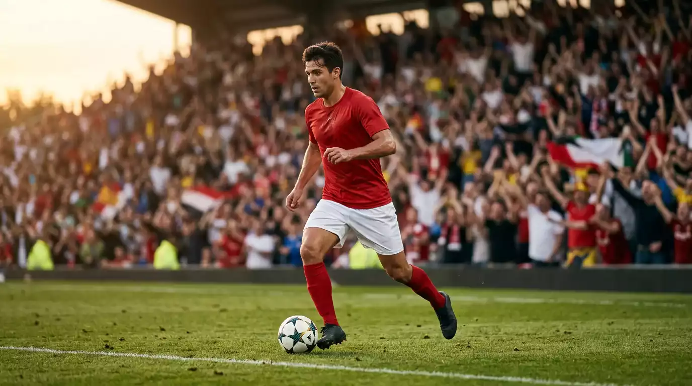 Schweizer Nationalspieler im roten Trikot mit dem Ball am Fuss vor jubelnden Fans im Stadion