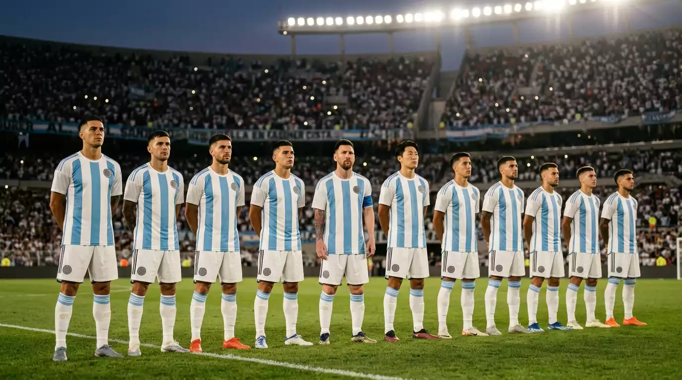 Spieler der argentinischen Albiceleste im hellblau-weissen Trikot auf dem Rasen vor dem Anpfiff eines Länderspiels