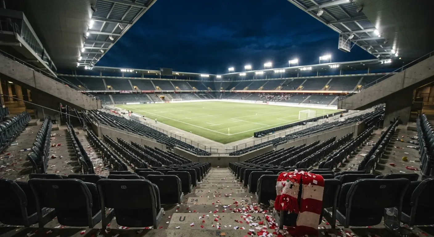 Nächtliches Stadion mit leeren Schweizer Rängen nach dem Abpfiff, gedämpfte Stimmung, rot-weisse Farbakzente