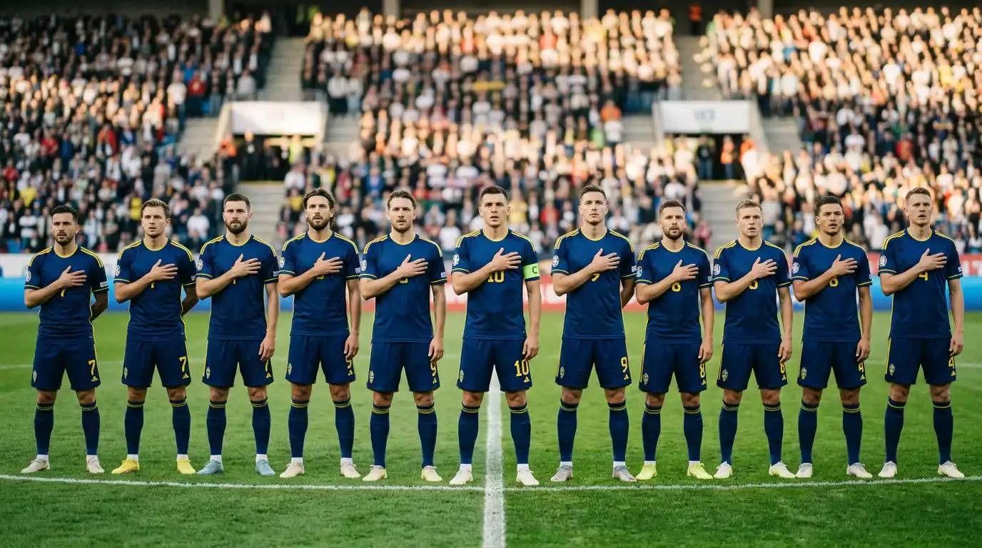 Spieler der bosnischen Nationalmannschaft beim Singen der Nationalhymne vor einem Qualifikationsspiel