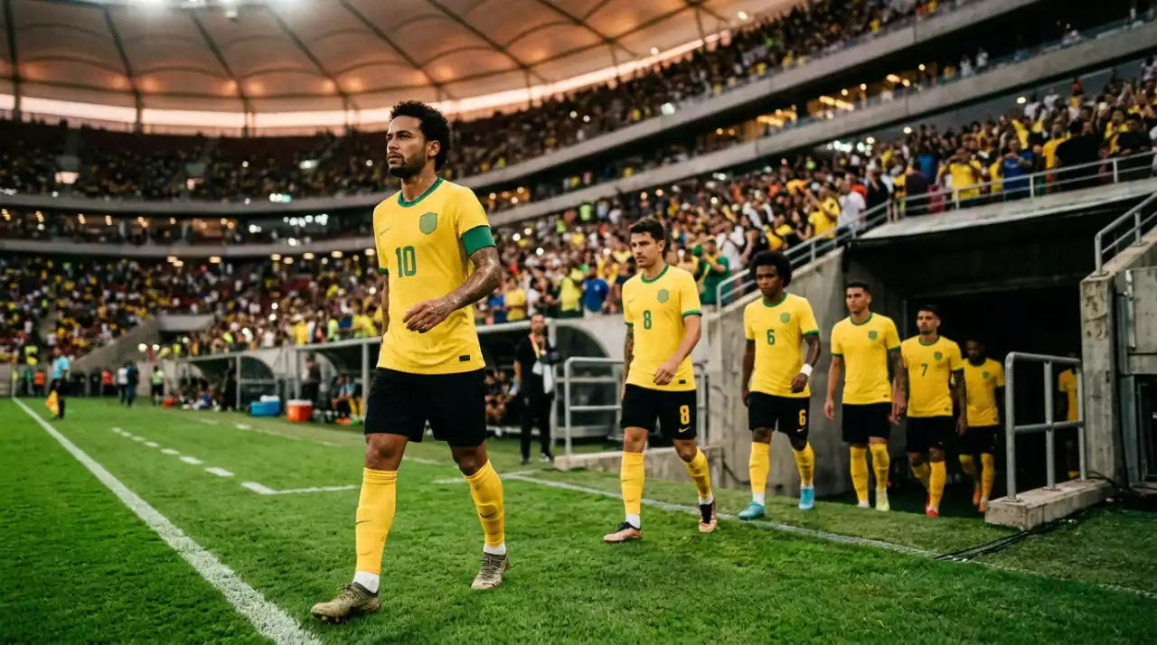 Spieler der brasilianischen Selecao im gelben Trikot beim Aufwärmen vor einem Qualifikationsspiel