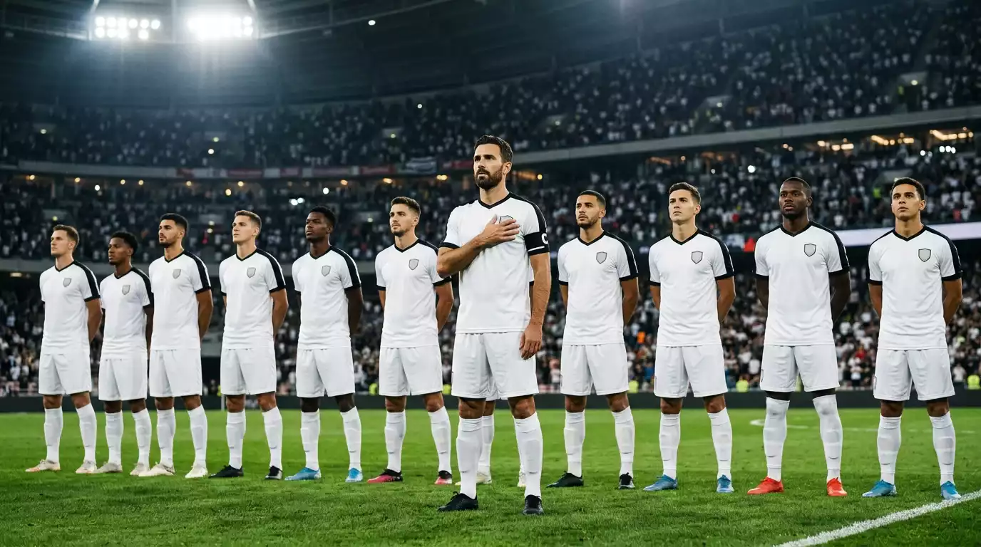 Spieler der deutschen DFB-Elf im weissen Heimtrikot beim Einlaufen vor einem Länderspiel