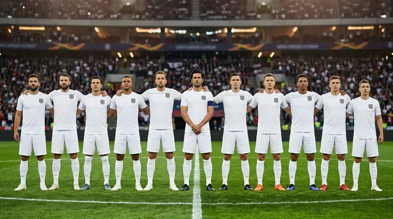 Spieler der englischen Three Lions im weissen Heimtrikot beim Singen der Nationalhymne