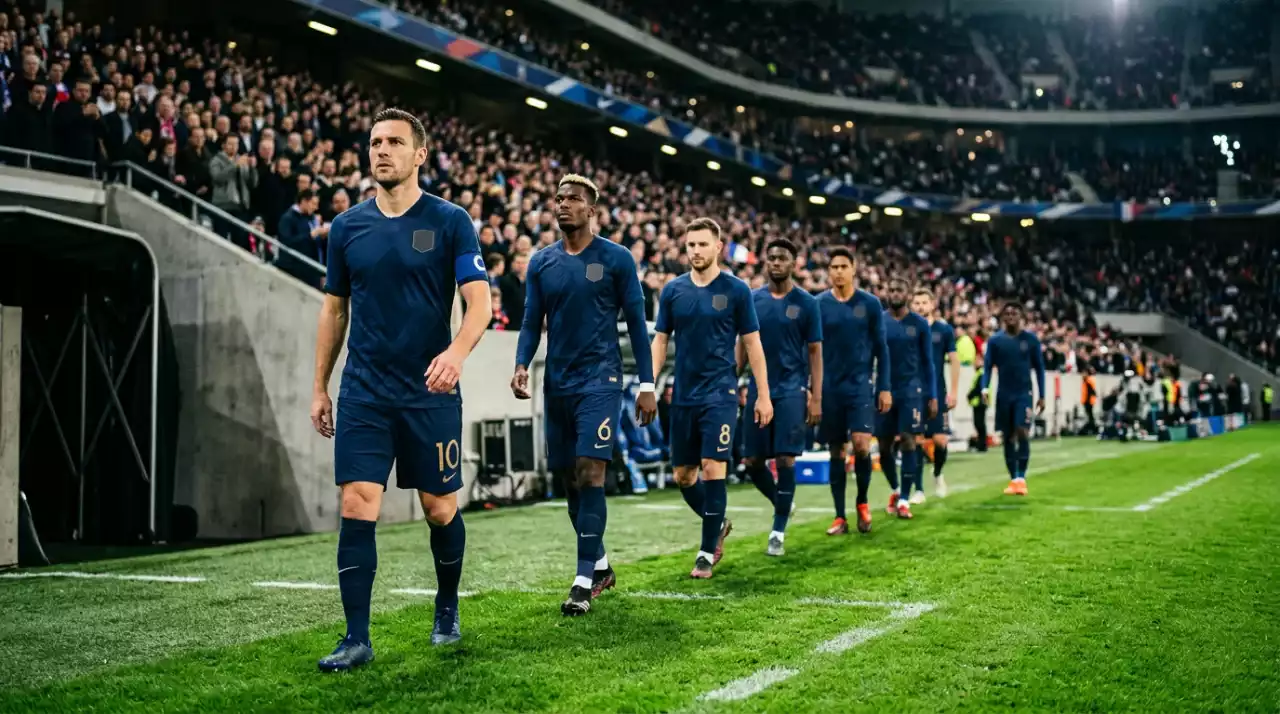 Spieler der französischen Nationalmannschaft im blauen Heimtrikot beim Einlaufen vor einem Länderspiel