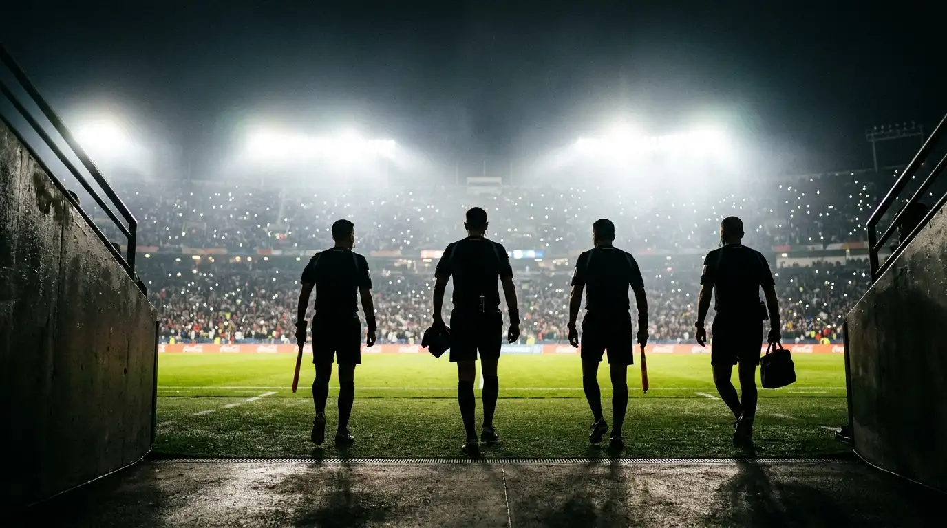 Schiedsrichter-Team betritt bei Flutlicht den Rasen eines WM-Stadions, dramatische Abendstimmung
