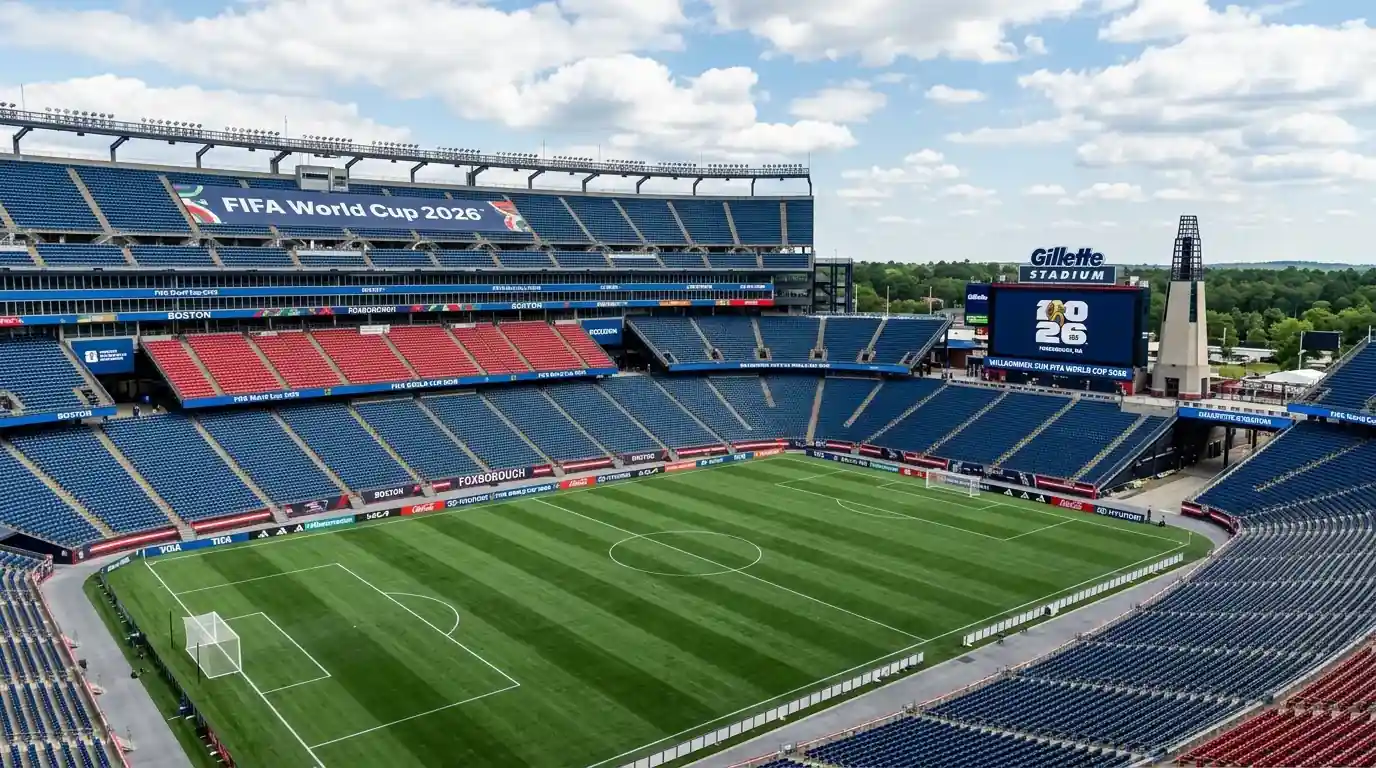 Gillette Stadium in Foxborough bei Sonnenschein, Fussball-Akzent, Viertelfinal-Banner