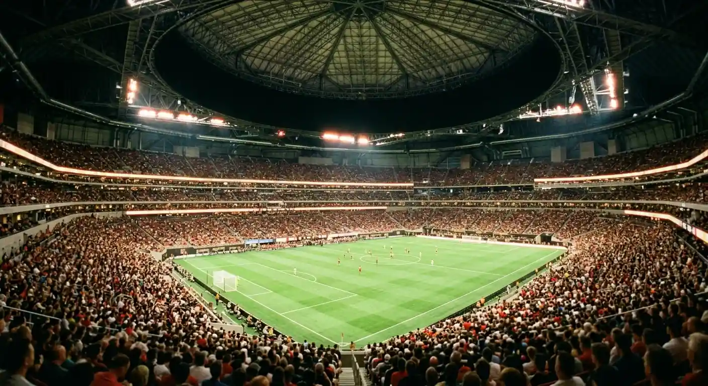 Modernes überdachtes Grossstadion bei geschlossenem Dach, Kunstlicht auf dem Rasen, festliche Halbfinal-Stimmung