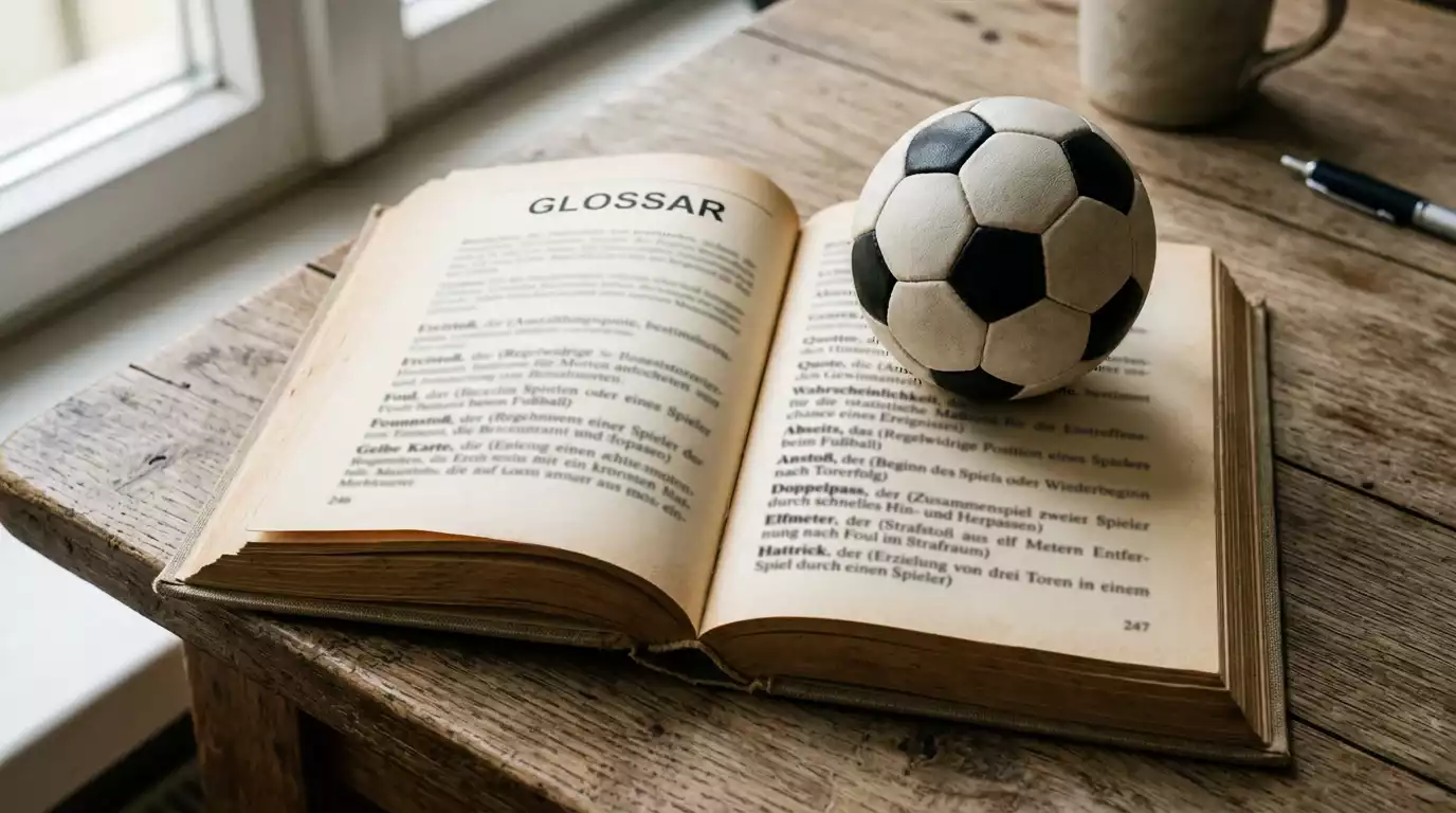 Aufgeschlagenes Wörterbuch mit Fussballsymbolen und Quoten-Tabelle