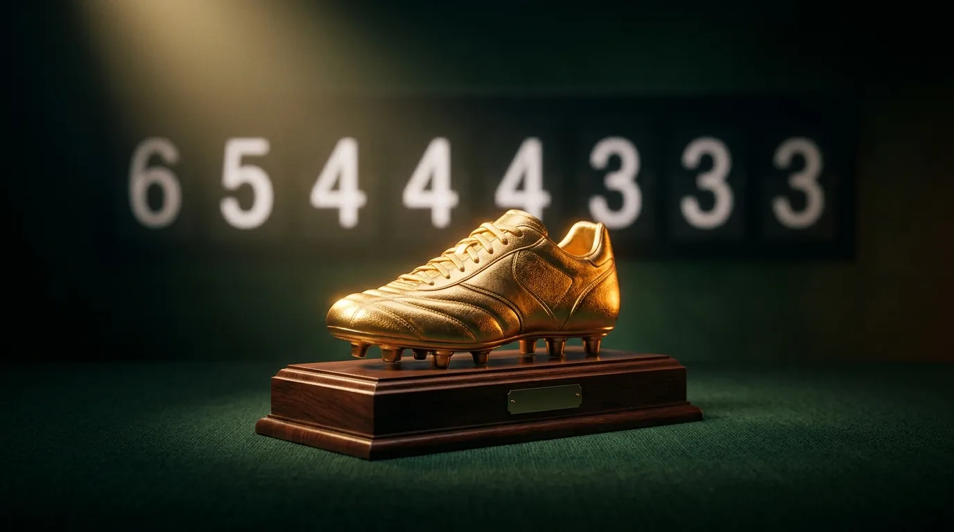 Stilisierter goldenen Fussball-Schuh auf einem dunkelgrünen Scoreboard-Hintergrund mit weisser Topscorer-Zahlenleiste