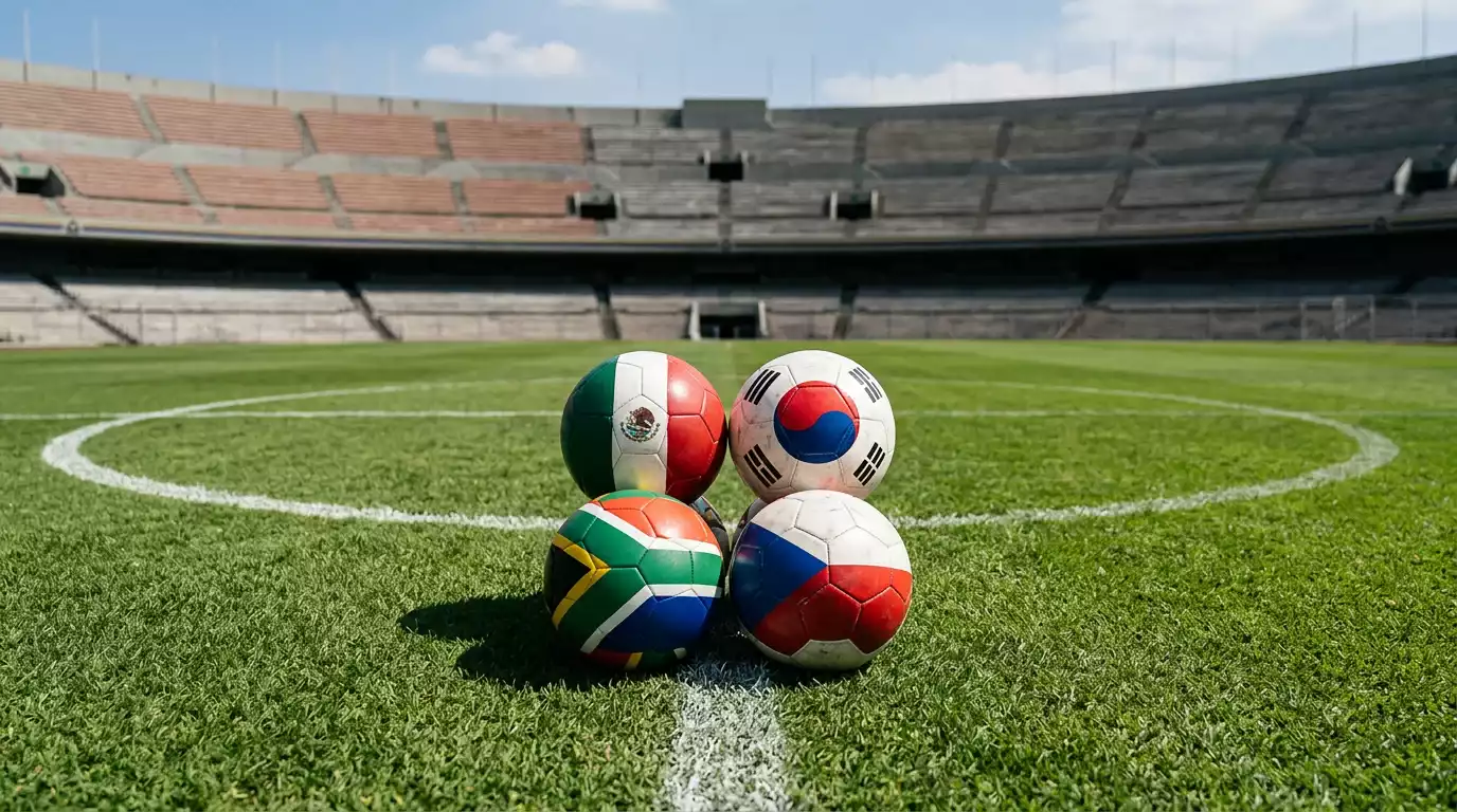 Vier Nationalflaggen im Estadio Azteca vor dem Eröffnungsspiel der WM 2026