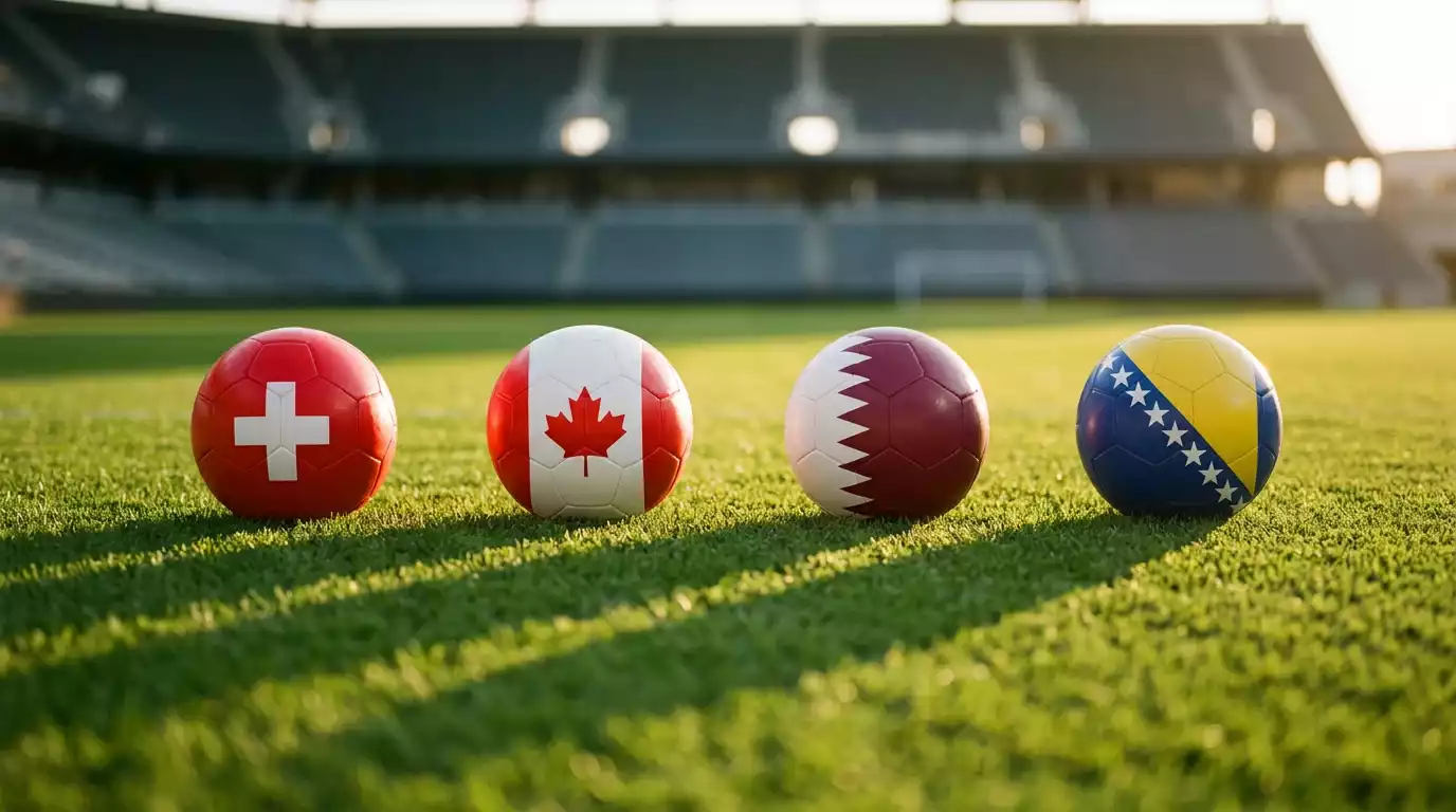 Wappen der vier Teams der WM-Gruppe B 2026 auf einem Spielplan