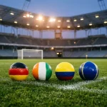 Wappen der vier Teams der WM-Gruppe E 2026 mit Fussballfeld-Hintergrund