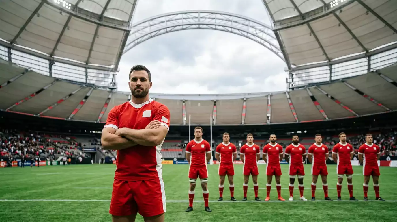 Spieler der kanadischen Nationalmannschaft im Heimtrikot vor dem BC Place in Vancouver