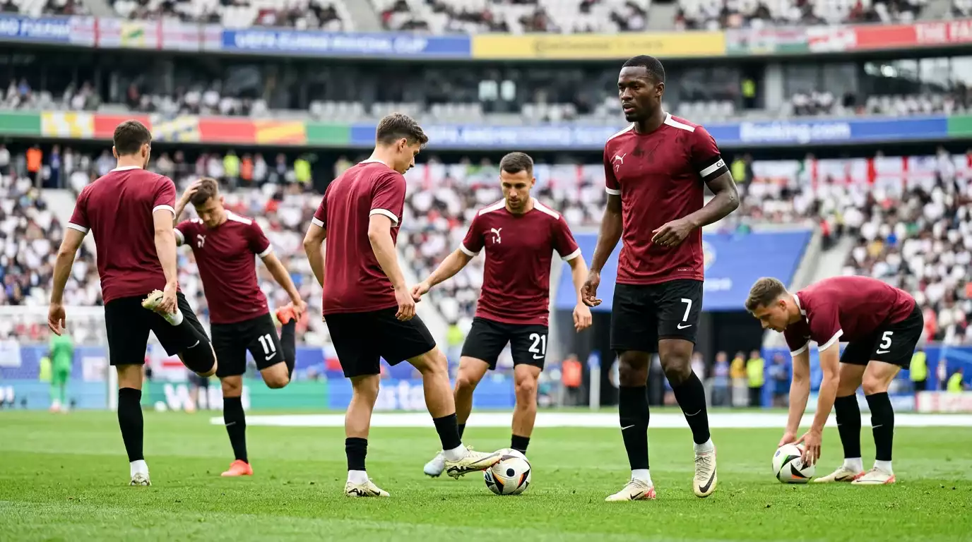 Spieler der katarischen Nationalmannschaft im Trikot mit dem Wappen des Verbandes vor einem Asienspiel