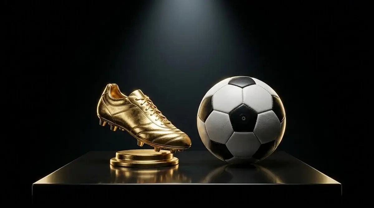 Goldener Fussballschuh und ein Ball auf einem dunklen Podest unter einem Lichtkegel