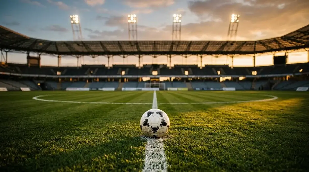 Fussball auf der Mittellinie eines leeren Stadions im Abendlicht