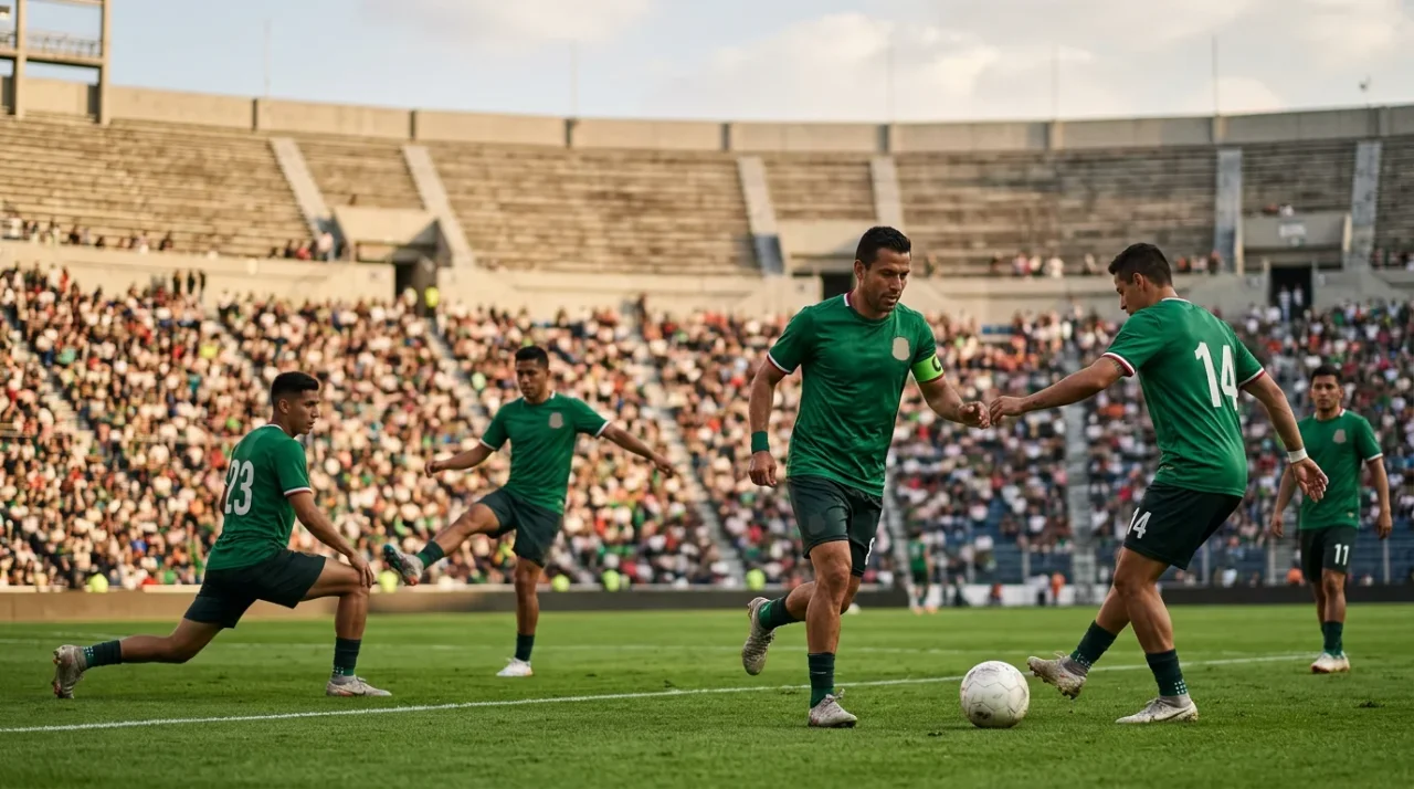 Spieler der mexikanischen Nationalmannschaft im grünen Heimtrikot beim Aufwärmen vor einem Länderspiel
