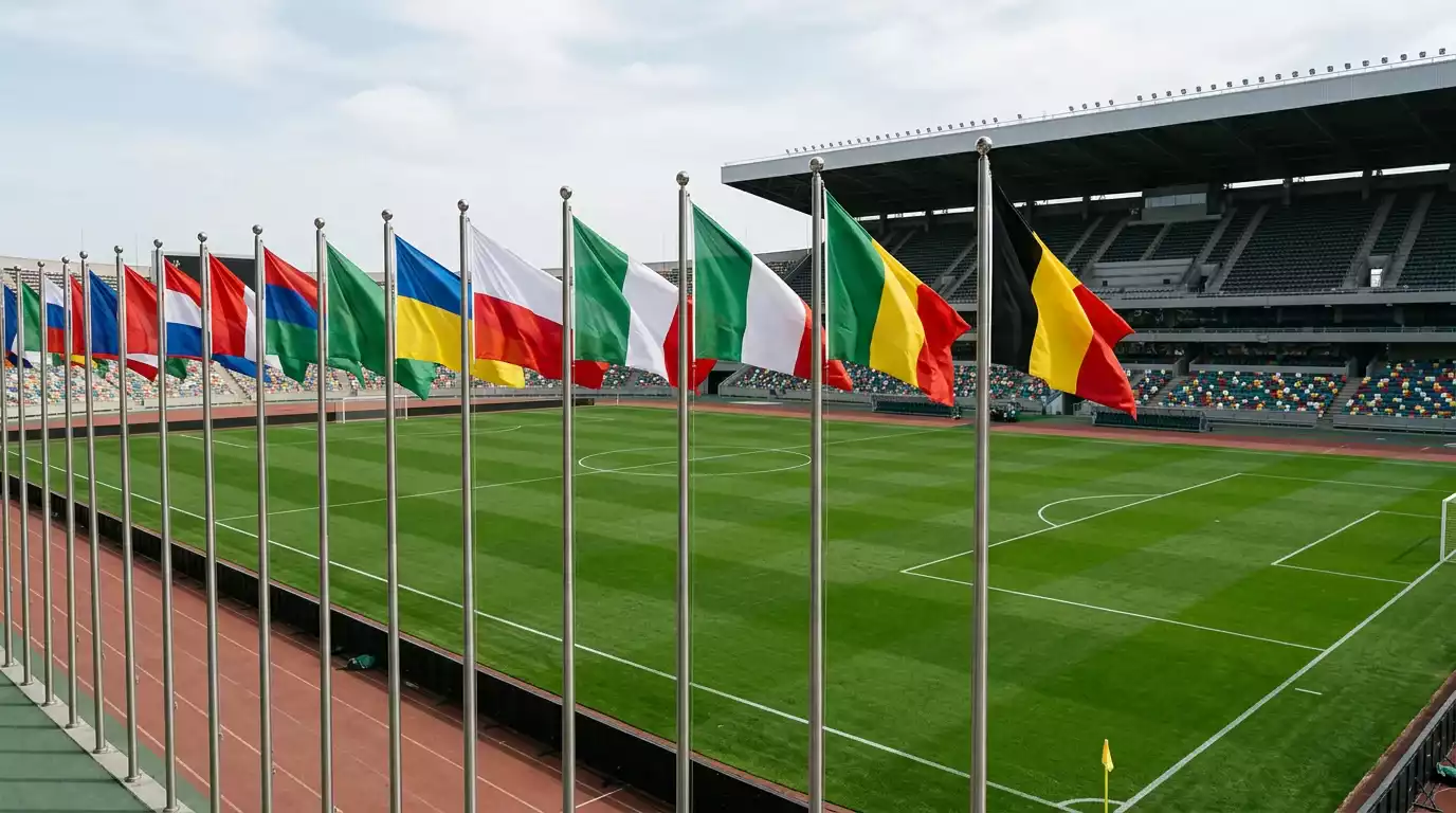 Europäische Nationalfahnen vor einem WM-Spielfeld als Symbol der UEFA-Vertretung