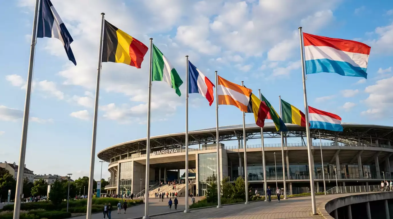 Flaggen verschiedener Nationen vor einem Fussballstadion zur WM 2026