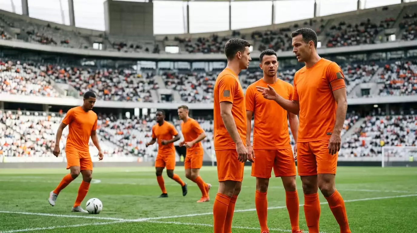 Spieler der niederländischen Oranje im orangen Heimtrikot beim Aufwärmen vor einem Länderspiel