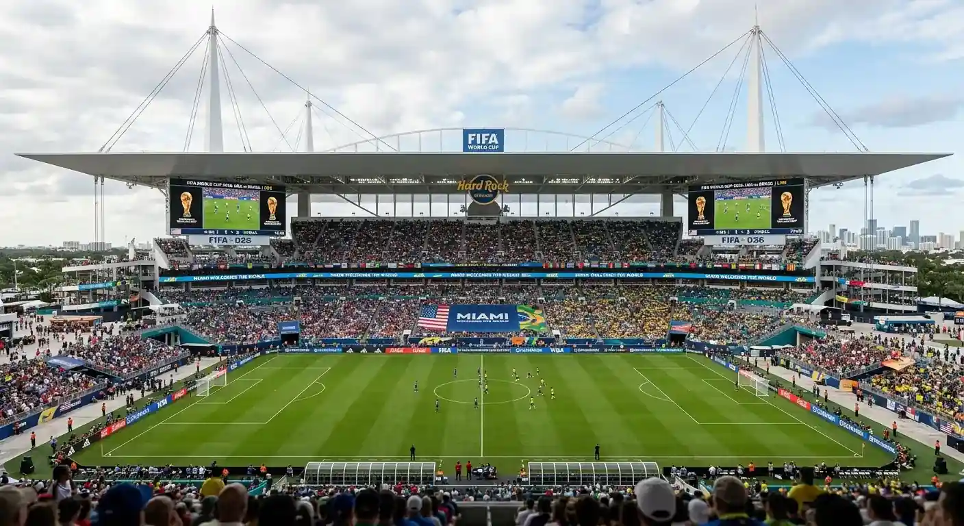 Hard Rock Stadium in Miami bei schwüler Hitze, Fussball-Akzent, Viertelfinal-Banner