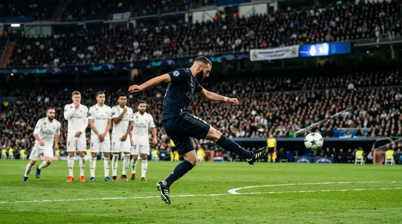 Fussballer beim Freistoss im voll besetzten Stadion bei einem Spiel der Weltmeisterschaft