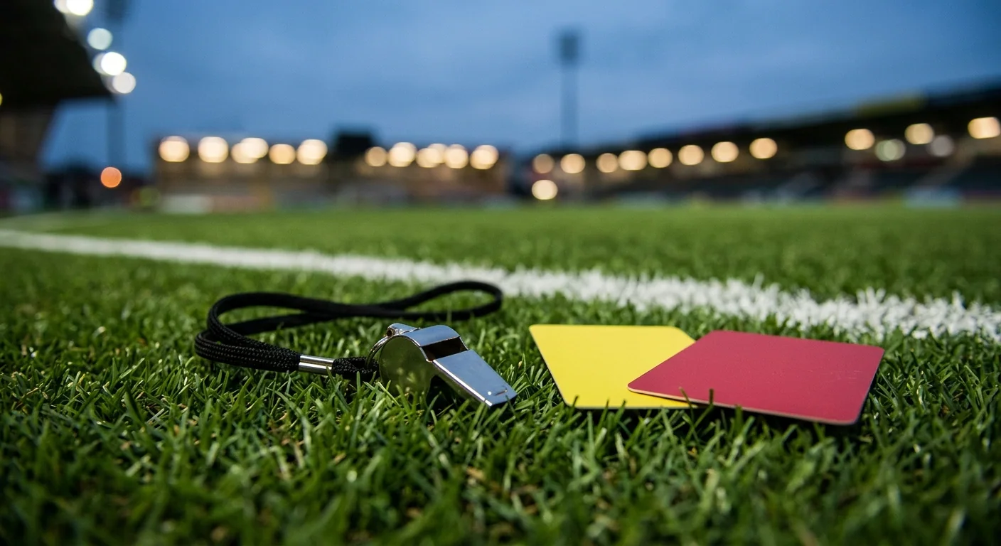 Schiedsrichterpfeife und Karten auf dem Rasen eines leeren Stadions, Flutlicht im Hintergrund