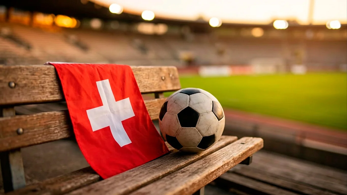 Schweizer Fahne neben einem Fussball auf einer Stadiontribüne in Abendlicht