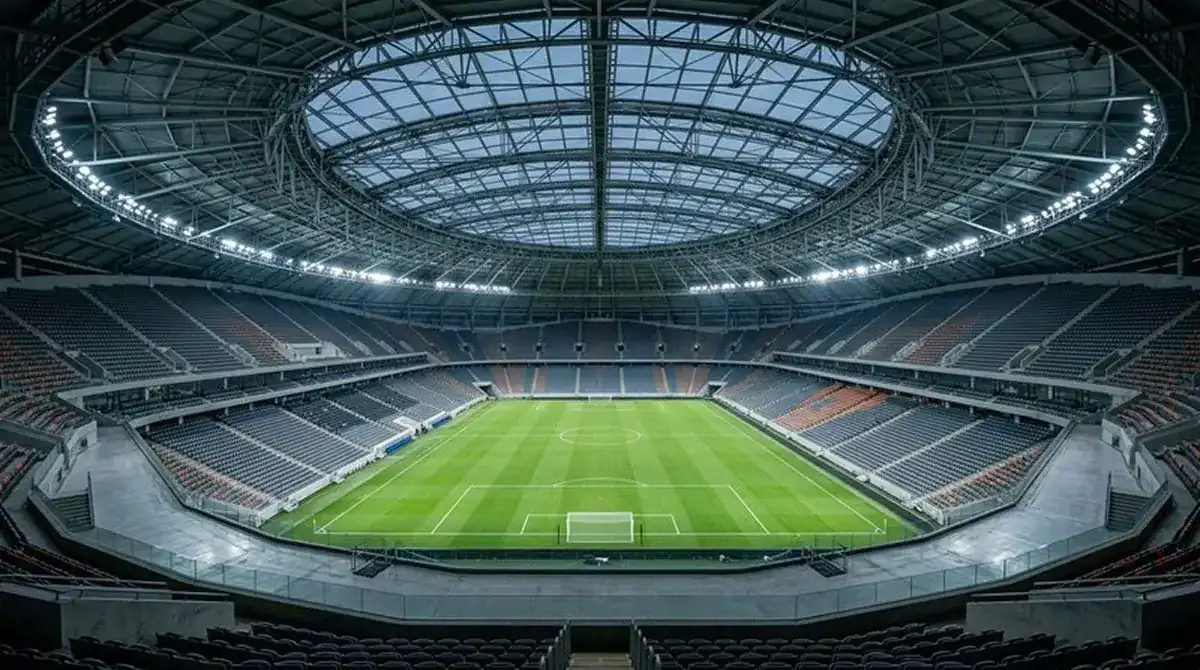 Modernes Stadion mit geschlossenem Dach und satt grünem Rasen unter künstlichem Flutlicht