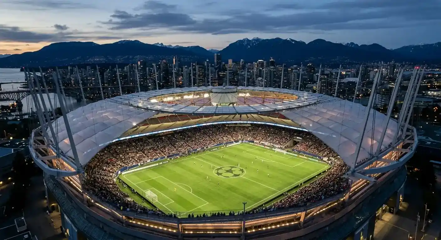BC Place Vancouver mit schliessbarem Dach und Fussball-Akzent, Abendstimmung vor dem Schweizer Achtelfinal