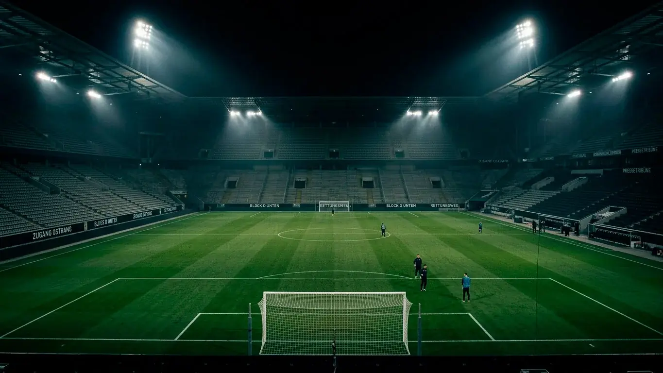 Stilisiertes Stadion-Innere mit grünem Rasen und Flutlicht in einer K.-o.-Atmosphäre