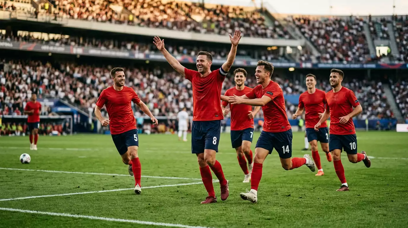 Spieler der spanischen Nationalmannschaft im roten Heimtrikot beim Jubel nach einem Tor