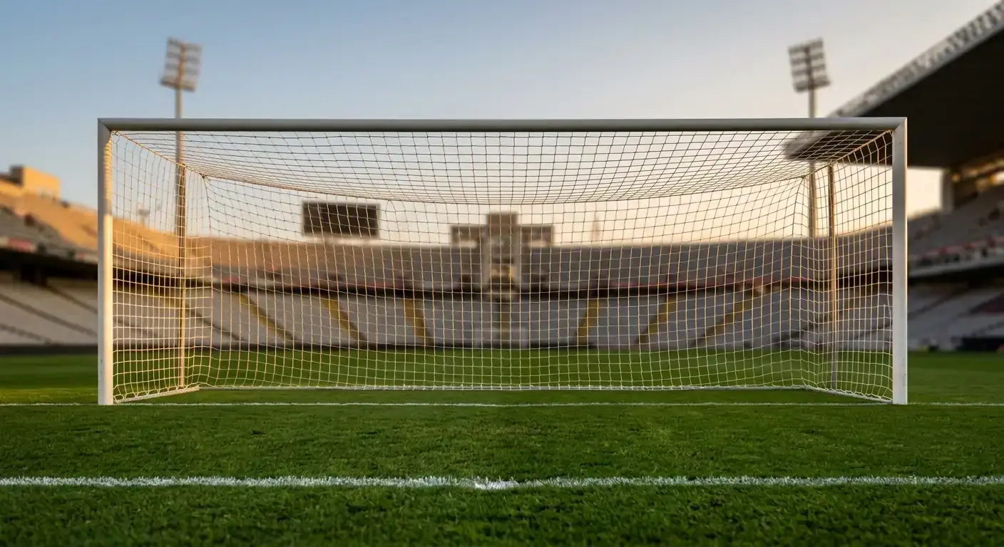 Leeres Fussballtor mit Netz auf gepflegtem Rasen im Abendlicht, Flutlicht im Hintergrund