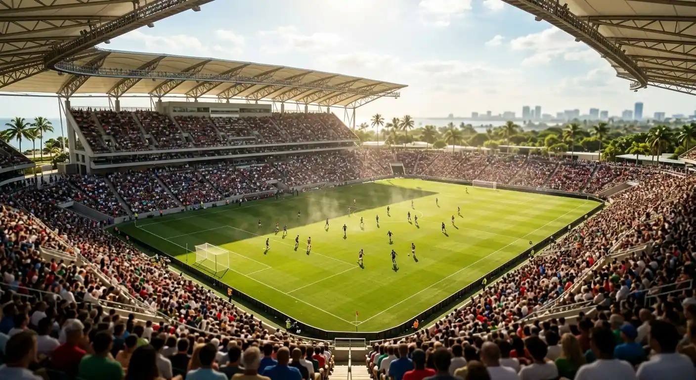 Offenes Stadion in subtropischer Hitze, Dachkonstruktion nur über den Rängen, Rasen in praller Sonne