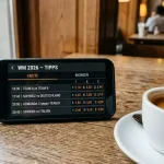 Smartphone mit der Sporttip-App und einem Fussballspiel im Hintergrund auf einem Tisch in einem Café in Zürich