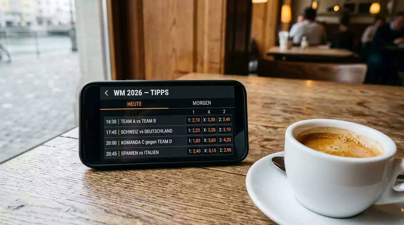 Smartphone mit der Sporttip-App und einem Fussballspiel im Hintergrund auf einem Tisch in einem Café in Zürich