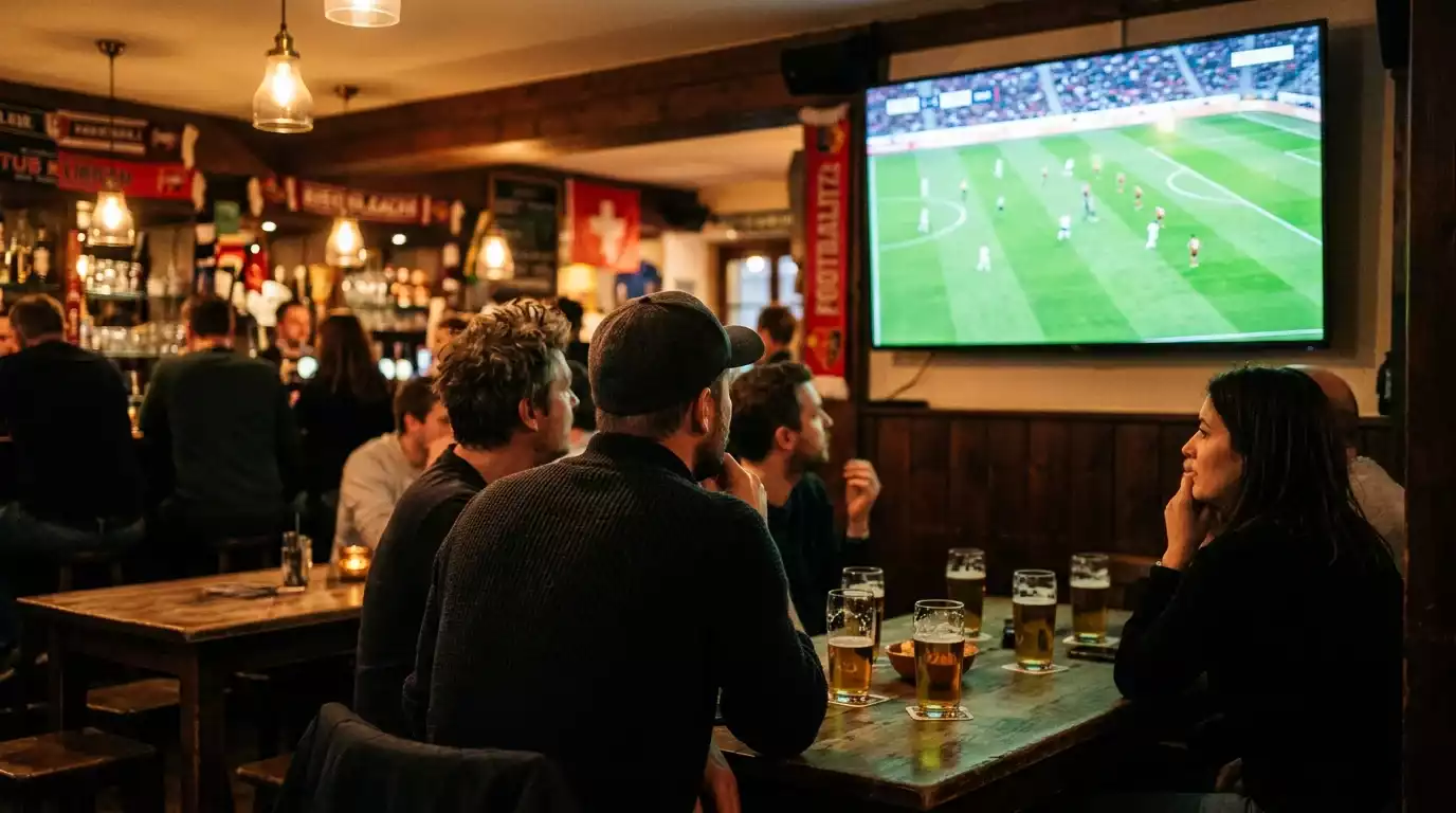 Fans in einer Schweizer Sportbar verfolgen ein Fussballspiel auf dem Bildschirm