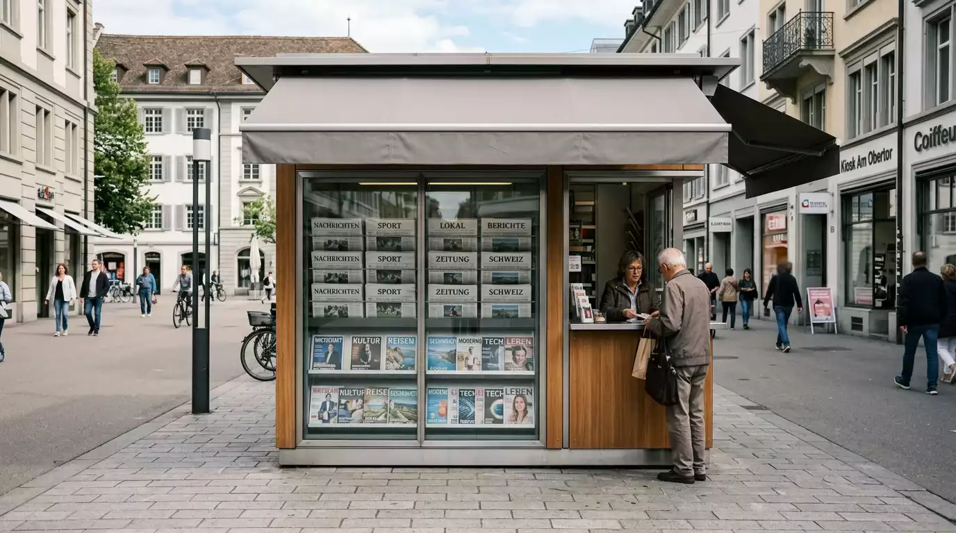 Aussenansicht eines Schweizer Swisslos-Kiosks mit Sporttip-Schild an einer städtischen Strasse