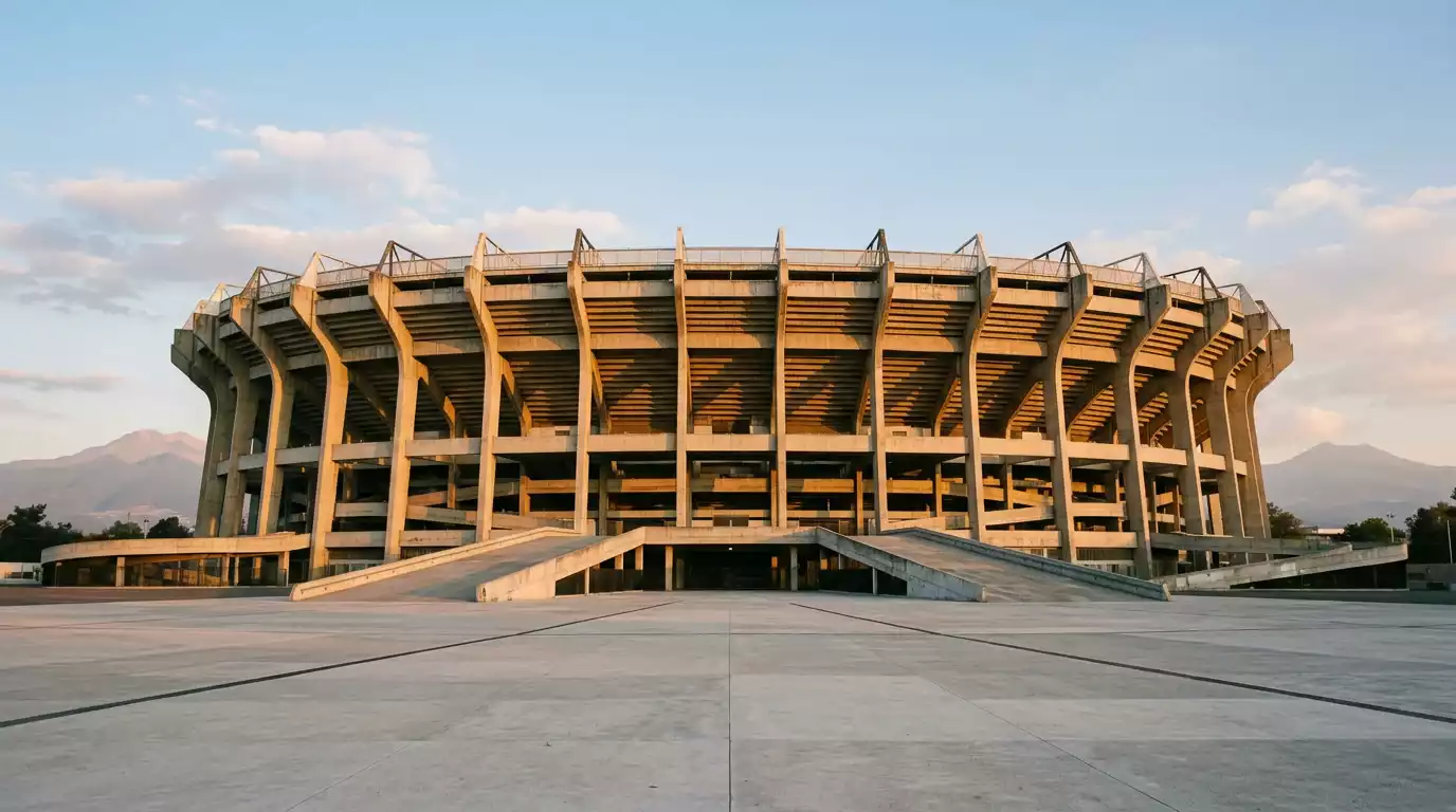 Das Estadio Azteca in Mexico City von aussen mit den Bergen im Hintergrund
