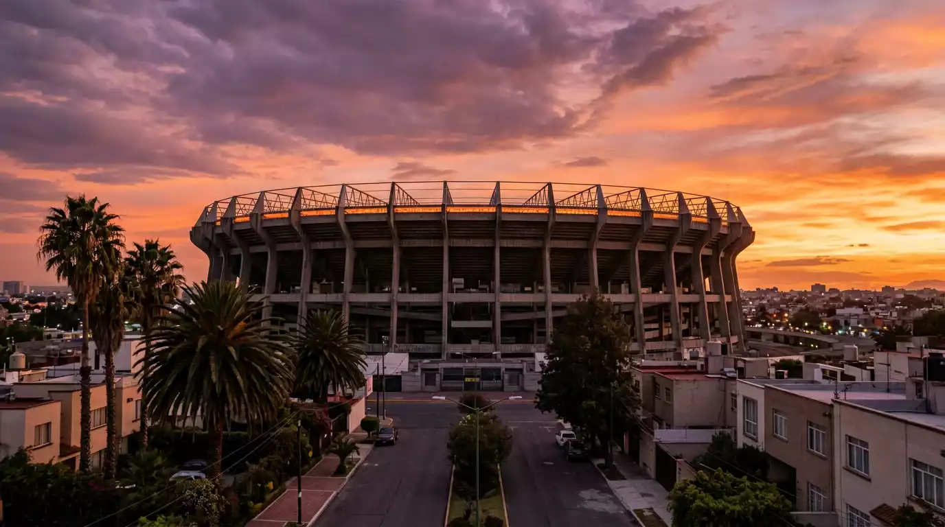 Das Estadio Azteca in Mexico City bei Sonnenuntergang als Symbol der WM-Eröffnung 2026
