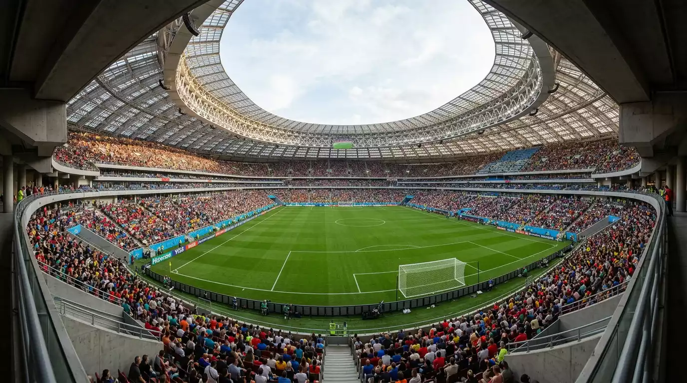 Panoramablick auf ein modernes nordamerikanisches Fussballstadion mit voll besetzten Rängen