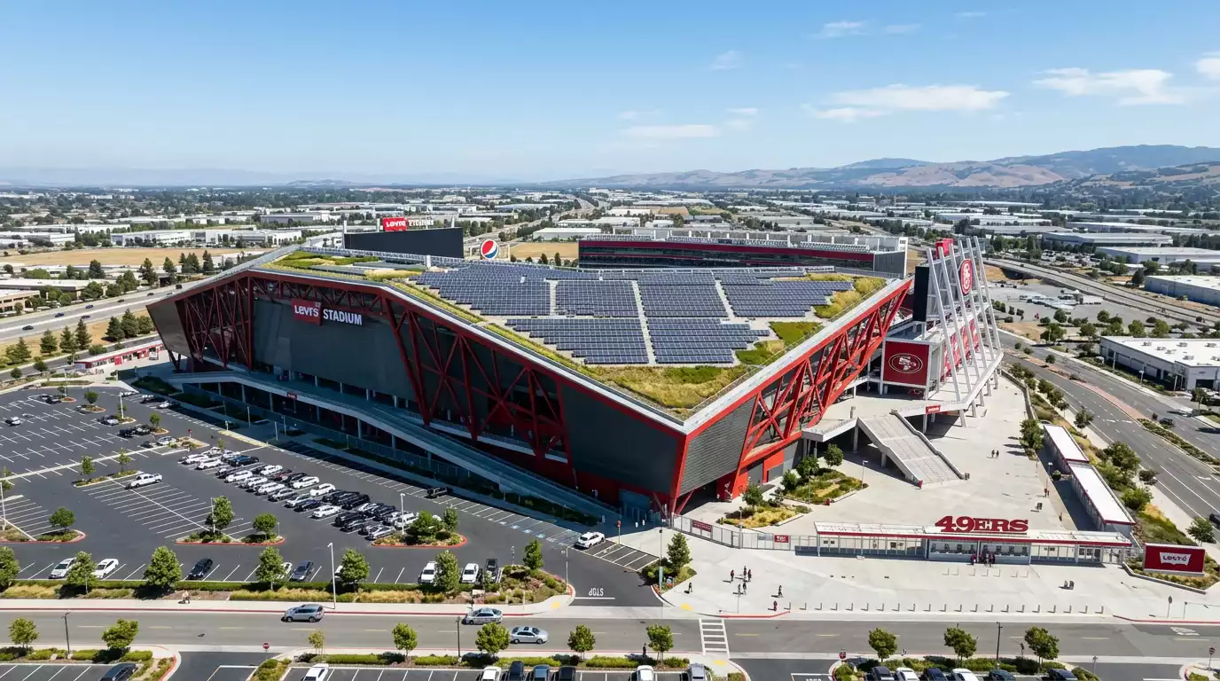 Aussenansicht des Levi's Stadium in Santa Clara mit der grünen Photovoltaik-Dachterrasse