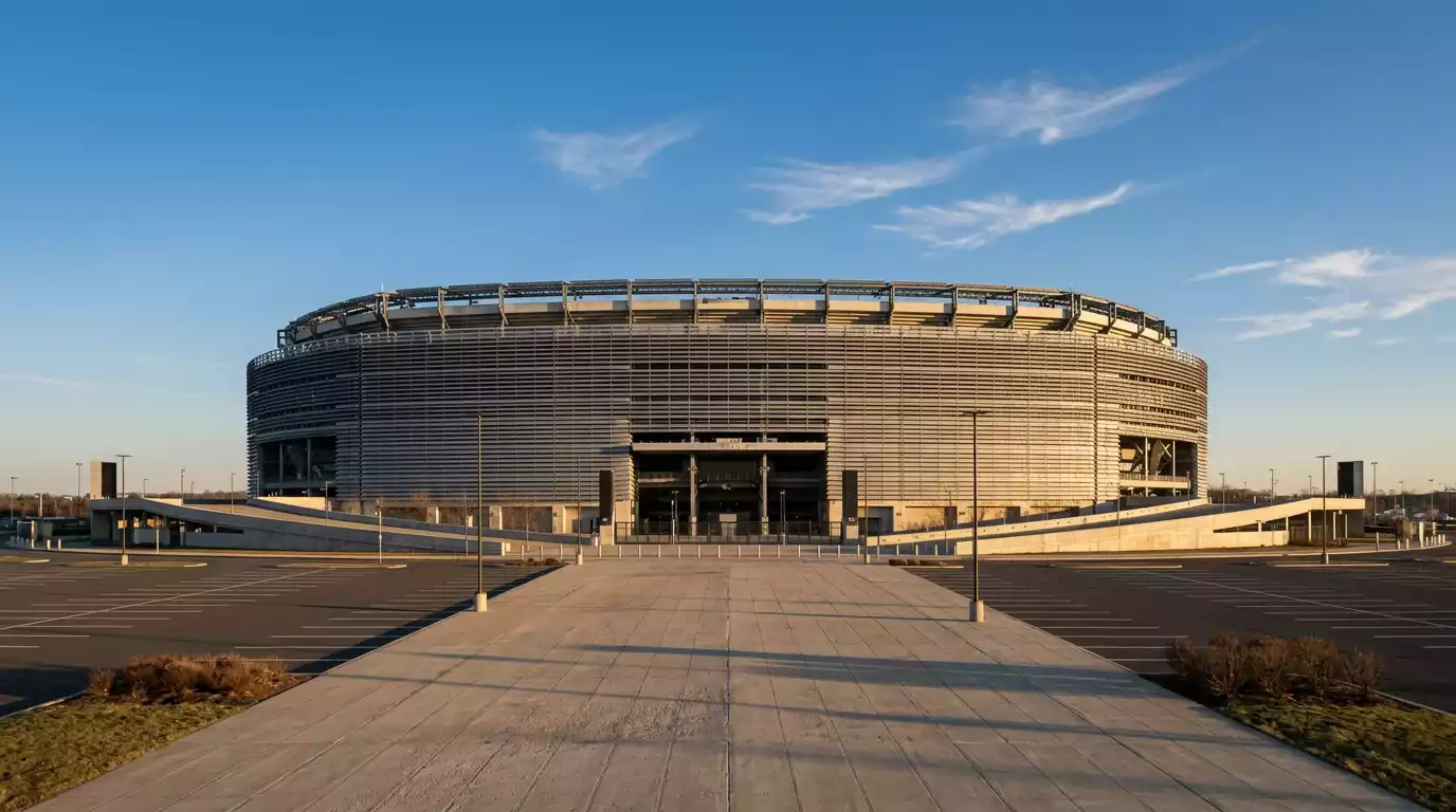 Aussenansicht des MetLife Stadium in East Rutherford bei Sonnenuntergang