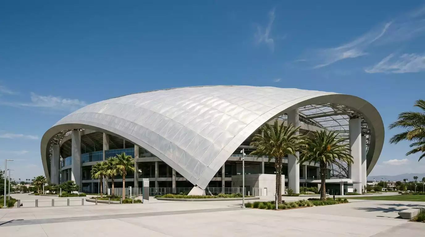 Das SoFi Stadium in Inglewood mit seiner geschwungenen Dachkonstruktion bei Tageslicht