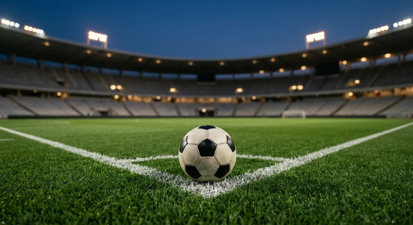 Fussball auf dem Elfmeterpunkt eines leeren Stadions im Abendlicht, Flutlicht im Hintergrund